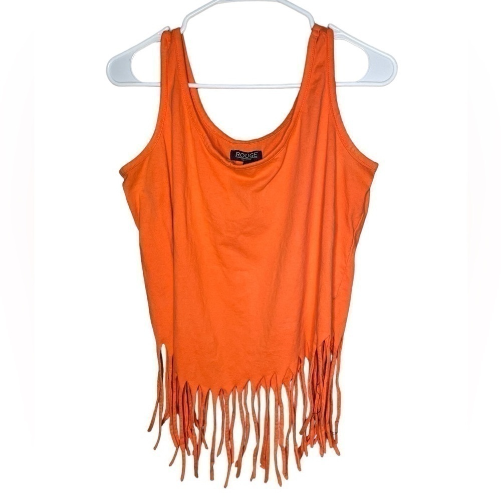 Rouge Collection Sleeveless Dreamy Fringe Crop Tank Top Coral Orange Siz…